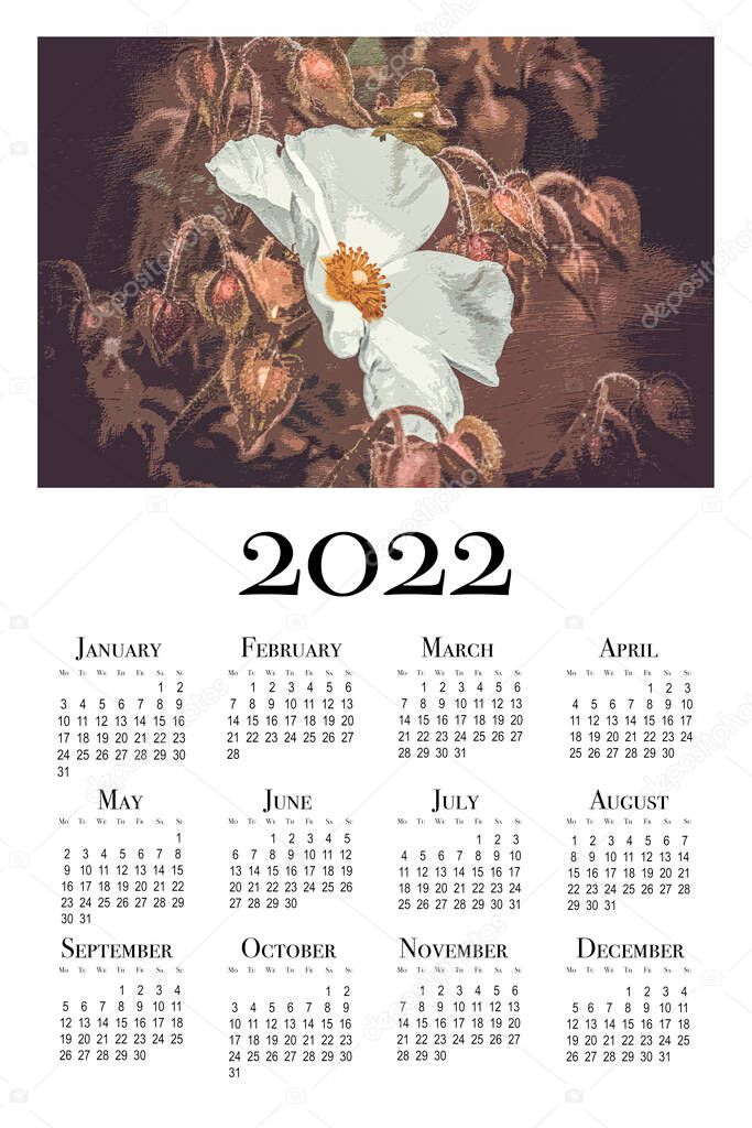 Botanical calendar for 2022. Printable vertical wall calendar, week starts on Monday.