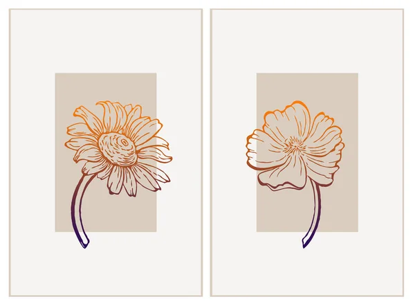 Botaniska Och Abstrakta Former Väggkonstgrafik Blommor Växter Blad Bilden Tryckbar — Stock vektor