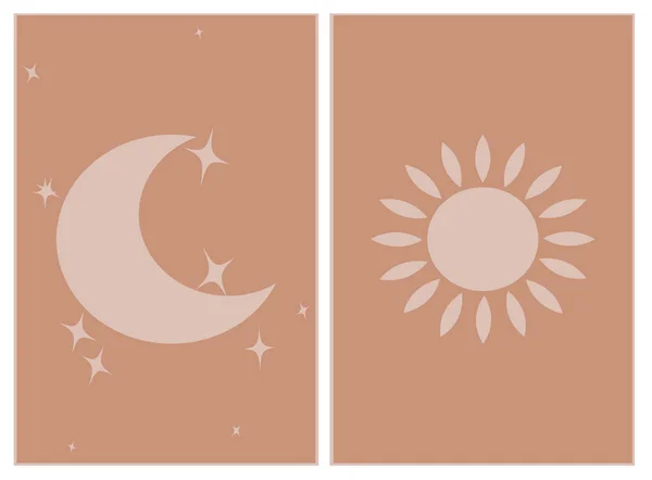 Minimalistyczna Kolekcja Ilustracji Druku Sztuka Ścienna Słońce Księżyc Gwiazdami — Wektor stockowy