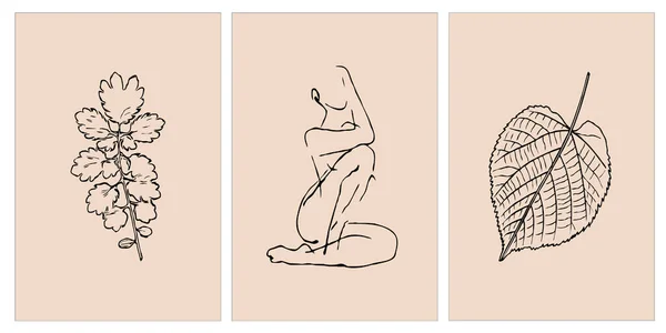 Kolekcja Minimalistycznych Plakatów Druku Sztuka Linii Okładka Tapeta Figura Kobiety — Wektor stockowy