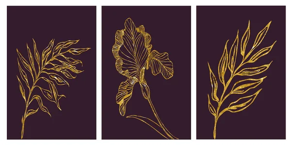 Bir dizi botanik posteri. Çağdaş sanat posteri. Baskı, kapak, duvar kağıdı, minimalist ve doğal duvar sanatı için soyut desen. Koyu arkaplanda altın bitkiler.