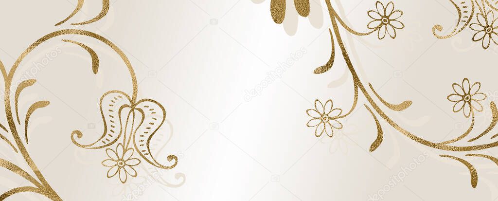 Minimalist background for website, cover design, printable, wall decoration. Golden botanical decorative elements.