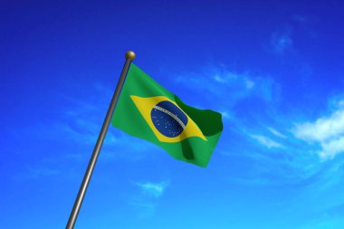 3 boyutlu oluşturulmuş görüntü. Brezilya bayrağı rüzgarda dalgalanıyor.