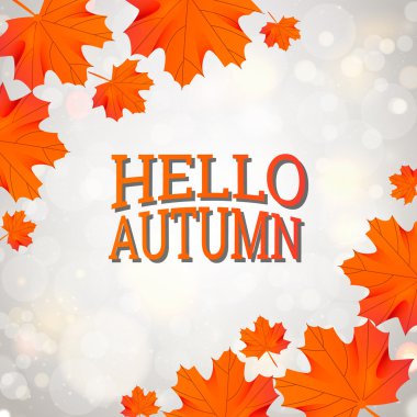 gri arka plan üzerinde turuncu Akçaağaç Yaprağı ile merhaba Sonbahar şablonu