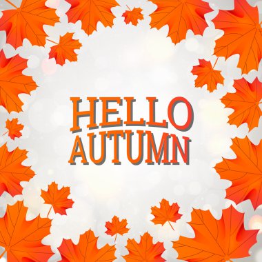 gri arka plan üzerinde turuncu Akçaağaç Yaprağı ile merhaba Sonbahar şablonu