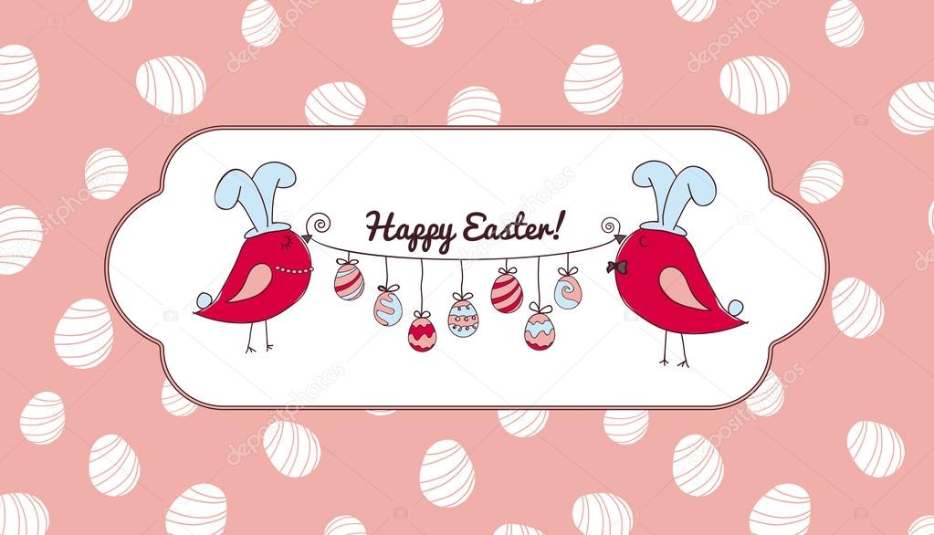 Easter card. Birds with colorful easter eggs.