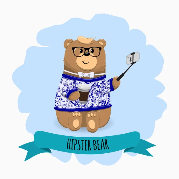 Funny teddy bear in green sweater and purple tie bow with coffee and phone in hands. Cute vector card hipster concept. — Wektor stockowy