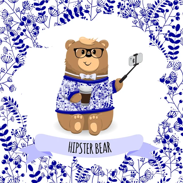 Funny teddy bear in green sweater and purple tie bow with coffee and phone in hands. Cute vector card hipster concept. — Wektor stockowy