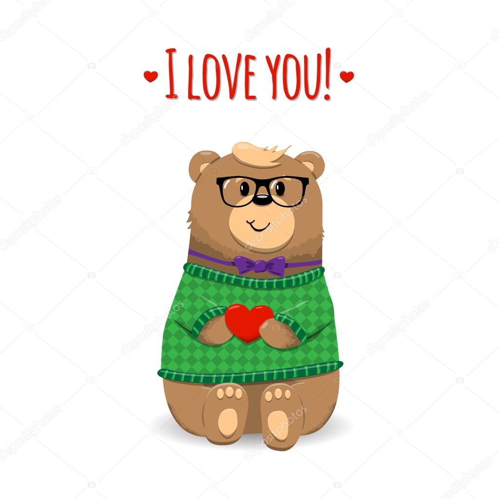 Inspirational romantic and love card for Happy Valentines Day. Stylish poster template for wedding, mothers day, birthday, invitations. Bright illustration with cute bear with heart in arms.