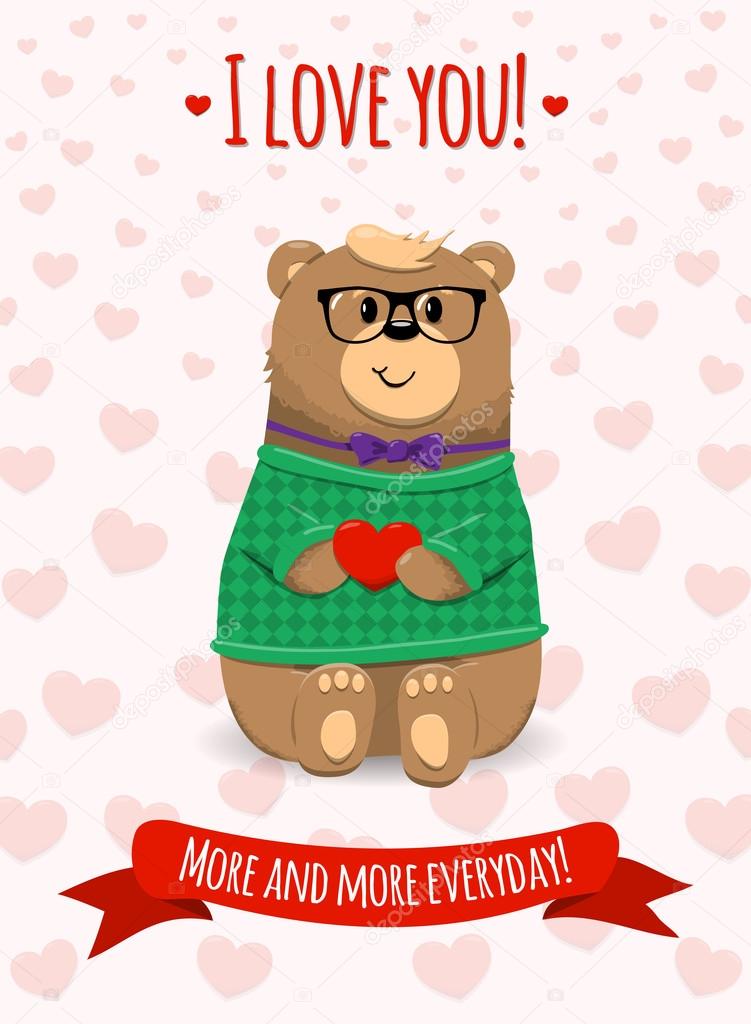 Inspirational romantic and love card for Happy Valentines Day. Stylish poster template for wedding, mothers day, birthday, invitations. Bright illustration with cute bear with heart in arms. Stock Vector by ©vikalovemango 76746021