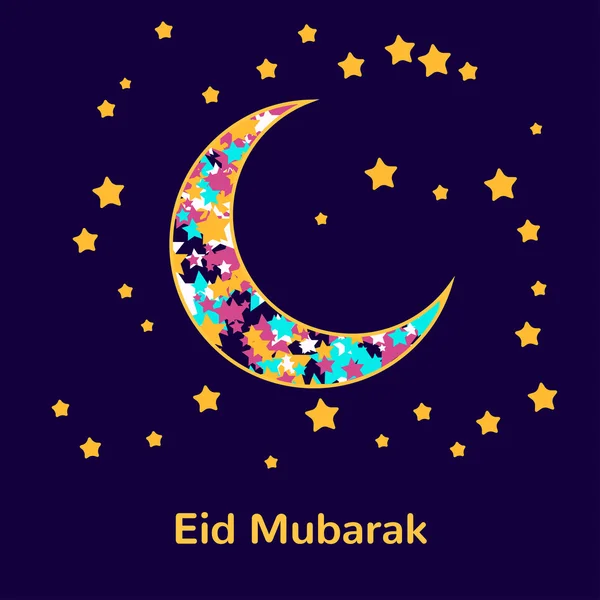 Фестиваль мусульманской общины, праздничная открытка Ид Мубарак, украшенная золотыми звездами и луной на заднем плане. Рамадан-карим . — стоковый вектор