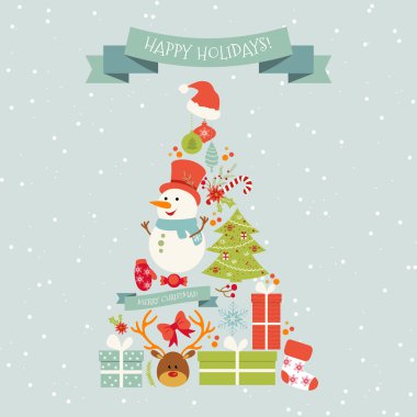 Happy New Year card with Calligraphic Wishes and Winter Holiday Elements, colorful gift boxes. Greeting illustration for Xmas.