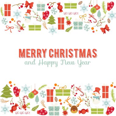 Happy New Year card with Calligraphic Wishes and Winter Holiday Elements, colorful gift boxes. Greeting illustration for Xmas.
