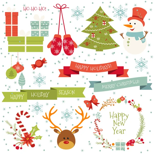 Conjunto de Felices Deseos Caligráficos de Año Nuevo y Elementos de Vacaciones de Invierno, coloridas cajas de regalo, ciervos, manoplas, cinta. Ilustración de saludo para Navidad . — Vector de stock