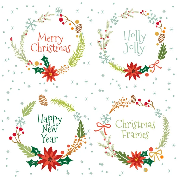 Feliz Natal Vintage e Feliz Ano Novo Conjunto de Wreathes com Desejos Caligráficos e Tipográficos e Elementos de Férias de Inverno. Saudação ilustração desenhada à mão para o Natal . — Vetor de Stock