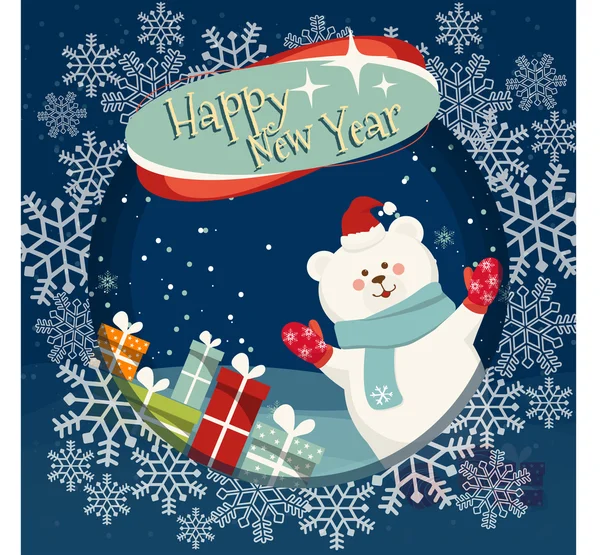 Happy New Year card with Calligraphic Wishes and Winter Holiday Elements, cute bear, colorful gift boxes. Greeting illustration for Xmas. — Stok Vektör