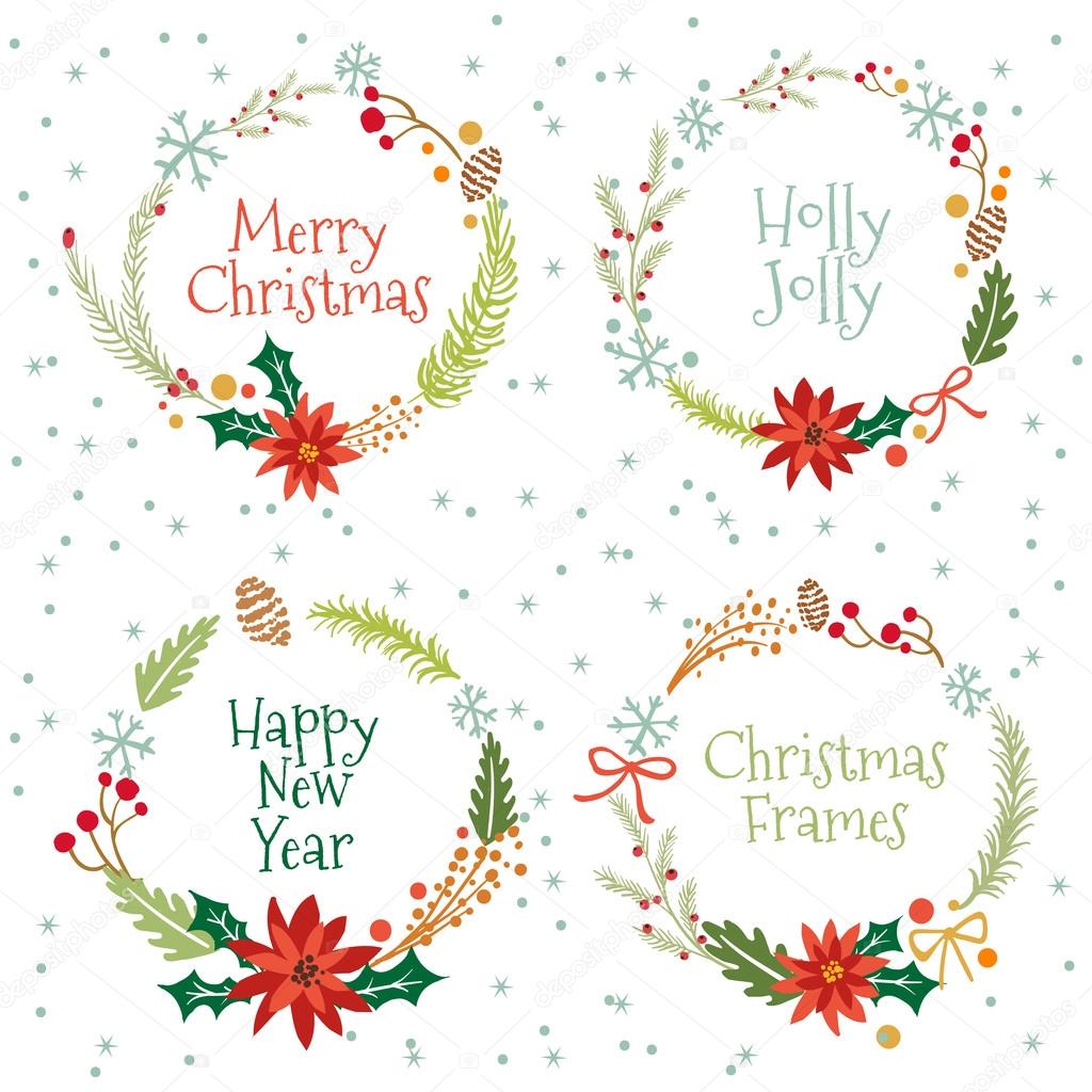 Vintage Merry Christmas And Happy New Year Set of Wreathes with Calligraphic And Typographic Wishes and