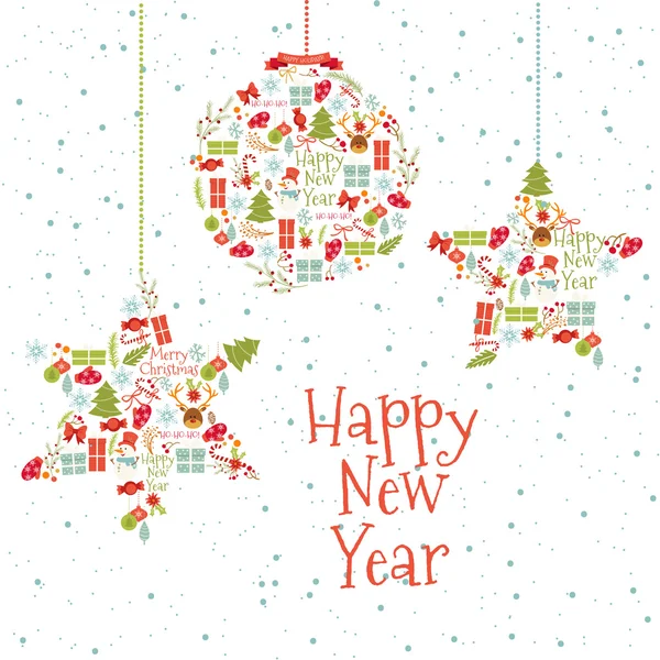 ビンテージ クリスマスと幸せな新年のグリーティング カード — ストックベクタ