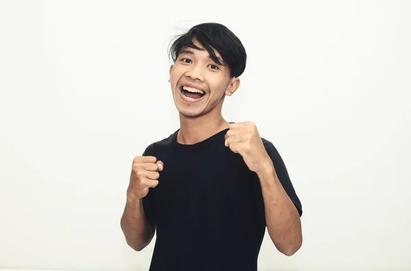 Gli Uomini Asiatici Sorridono Camicie Casual Con Espressione Allegra Entusiasta — Foto Stock