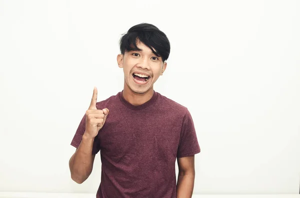 Asian Man Smiling Casual Shirt While Pointing Empty Space — Stock Photo, Image