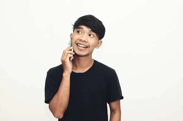 Asijský Muž Neformální Černé Košili Telefonu — Stock fotografie