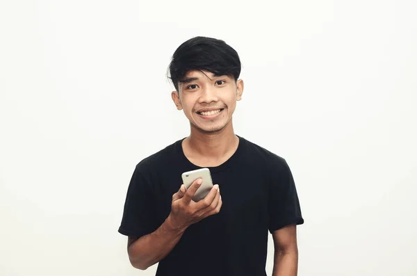 Asian Man Wearing Casual Black Shirt Phone — Stock Photo, Image