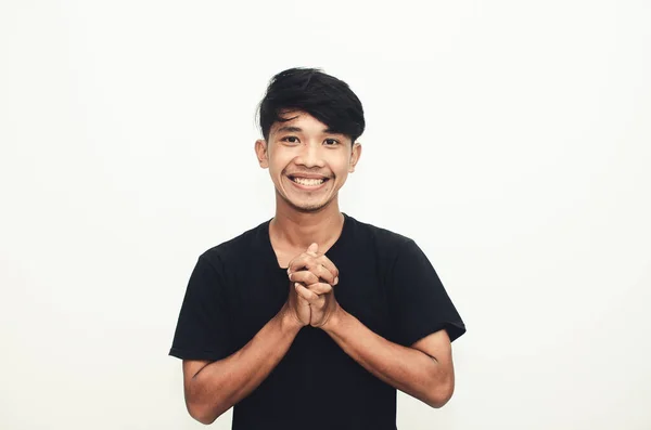 Potret Pria Asia Shirt Hitam Dengan Ekspresi Senyum — Stok Foto