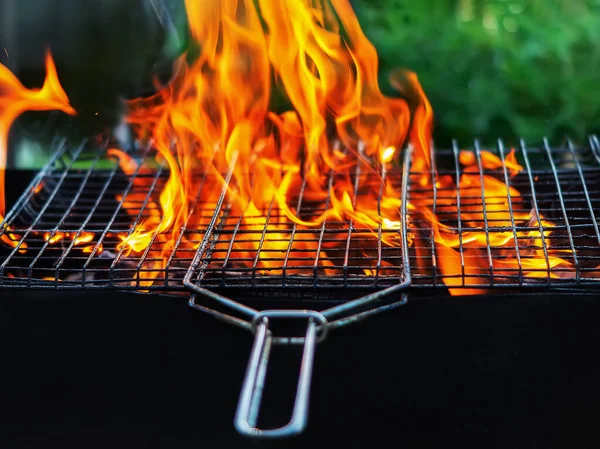Fire Grill Red Flames Campfire Make Way Grill Grate Firewood — Stock Photo, Image