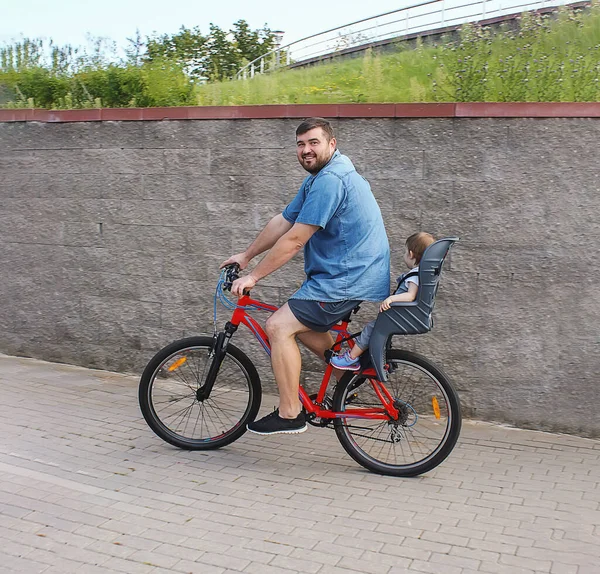 A father rides a bicycle and his little daughter sits in a safe child seat on a day off. A man rides a bicycle with a child, in a bicycle chair, in a city park. The concept of a family holiday.