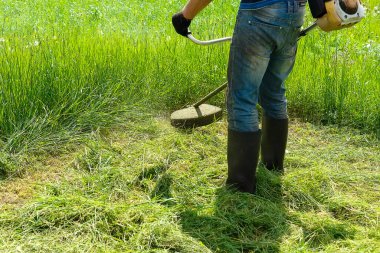 Erkek bir bahçıvan bahçesinde güneşli bir günde çimleri biçer. Lastik çizmeli bir işçi bahçedeki çimleri bir el biçme makinesiyle biçiyor. Seçici odak.