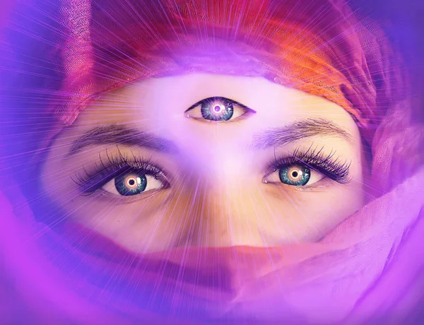 Clairvoyant Girl Open Third Eye Her Forehead Witch Concept Clairvoyance — Stock Photo, Image