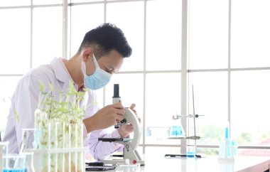 Asyalı bilim adamları veya kimyagerler mikroskop kullanıyorlar. Bilimsel deneyde Tıbbi farmasötik araştırma konsepti DNA yapısı, yenilik ve teknoloji