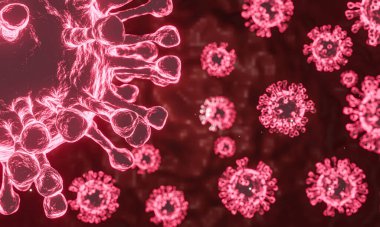 3 boyutlu mikroskop hücreleri üreten Coronavirus 2019, insanlar için tehlikeli olan salgın koronavirüs kavramı olan virüs hücrelerinin mikroskopisine bakarak kapanır. Salgın hastalık sağlık riskleri