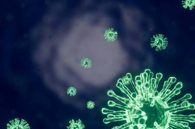 3 boyutlu mikroskop hücreleri üreten Coronavirus 2019, insanlar için tehlikeli olan salgın koronavirüs kavramı olan virüs hücrelerinin mikroskopisine bakarak kapanır. Salgın hastalık sağlık riskleri