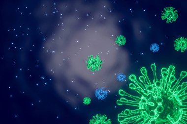 3 boyutlu mikroskop hücreleri üreten Coronavirus 2019, insanlar için tehlikeli olan salgın koronavirüs kavramı olan virüs hücrelerinin mikroskopisine bakarak kapanır. Salgın hastalık sağlık riskleri
