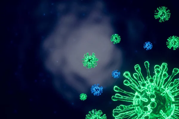 Mikroskop hücreleri Coronavirus 2019, insanlar için tehlikeli olan salgın koronavirüs konsepti olan virüs hücrelerinin mikroskopisine bakarak kapanır. Salgın hastalık sağlık riskleri