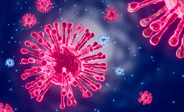 3 boyutlu mikroskop hücreleri üreten Coronavirus 2019, insanlar için tehlikeli olan salgın koronavirüs kavramı olan virüs hücrelerinin mikroskopisine bakarak kapanır. Salgın hastalık sağlık riskleri