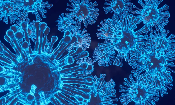 3 boyutlu mikroskop hücreleri üreten Coronavirus 2019, insanlar için tehlikeli olan salgın koronavirüs kavramı olan virüs hücrelerinin mikroskopisine bakarak kapanır. Salgın hastalık sağlık riskleri