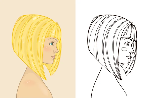 Menina loira bonita nova com corte de cabelo bob. Desenho de mão profi —  Vetores de Stock