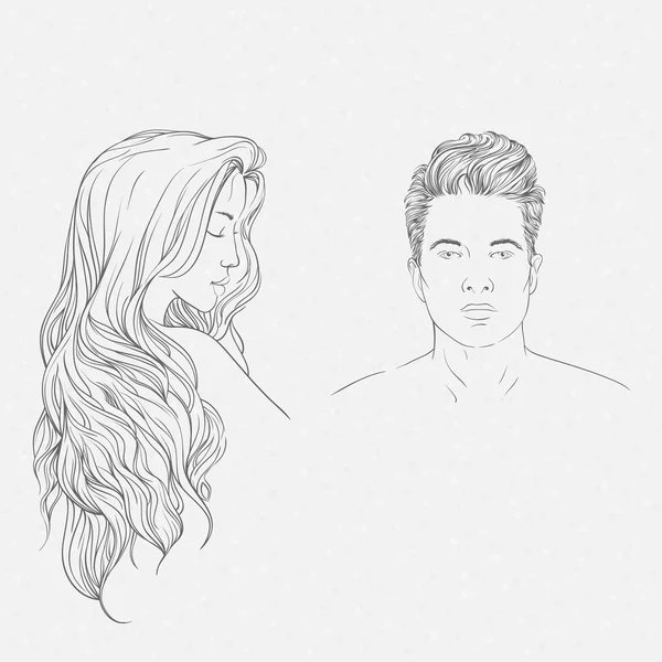 Joven hermoso hombre y mujer. Silueta de línea de dibujo a mano. Ilustración vectorial . — Archivo Imágenes Vectoriales