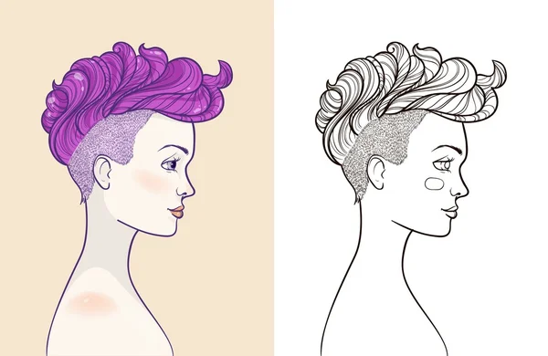 Jeune belle femme avec coiffure tendance. Profil dessin à la main — Image vectorielle