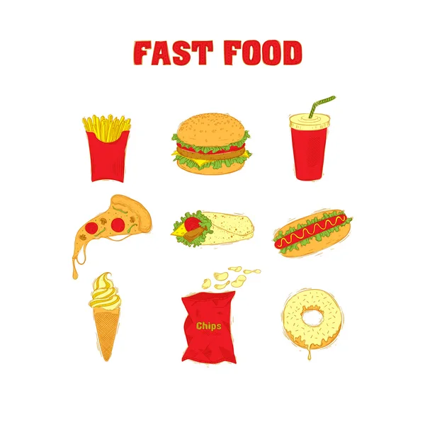 Setzen Sie Symbole Fast Food. Handzeichnung. Vektorillustration. — Stockvektor