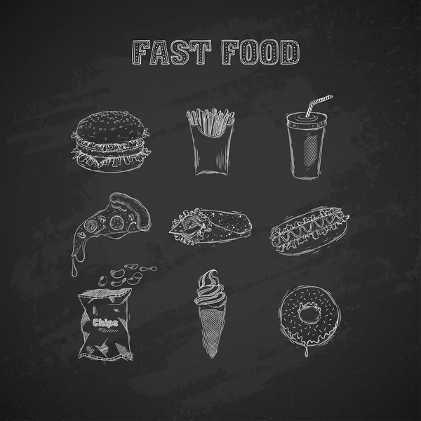 Setzen Sie Symbole Fast Food. Handzeichnung. Vektorillustration. — Stockvektor
