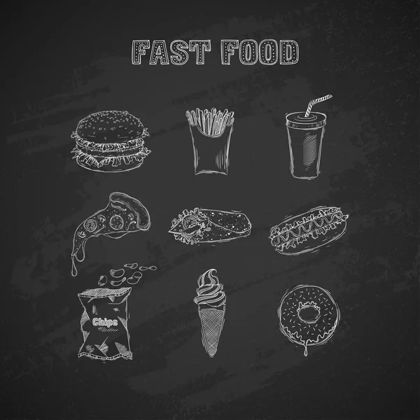 Set pictogrammen fastfood. Hand tekenen. Vectorillustratie. — Stockvector