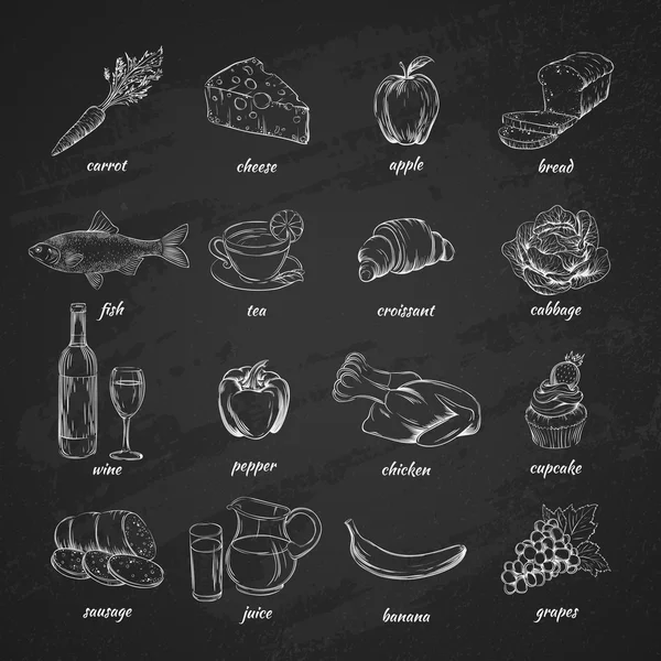 Croquis icônes alimentaires noir — Image vectorielle