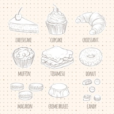 Vektör şekerli tatlı simgeler kroki tarzı. Gıda işareti. Şekerleme kümesi. Peynirli kek, kek, kruvasan, muffin, tiramisu, çörek, macaron, Creme brulee, çikolata şeker içerir.