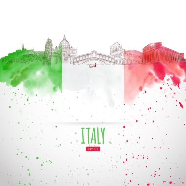 Attraction of Italy painted in the style of the sketch. Watercolor background. Italian moisture. Vector illustration.