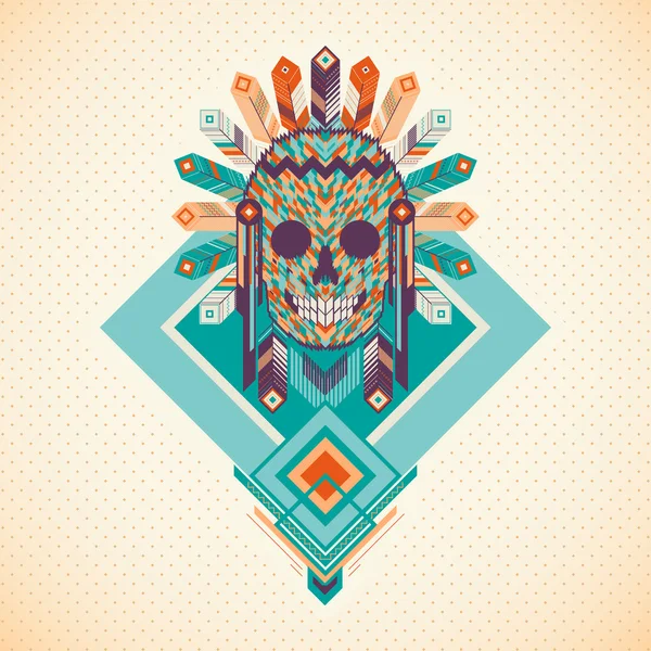 Vector illustration of the skull of an Indian in a headdress with feathers — Stock Vector