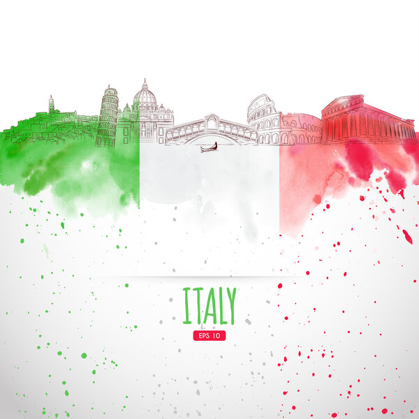 Attraction of Italy painted in the style of the sketch. Watercolor background. Italian moisture. Vector illustration.