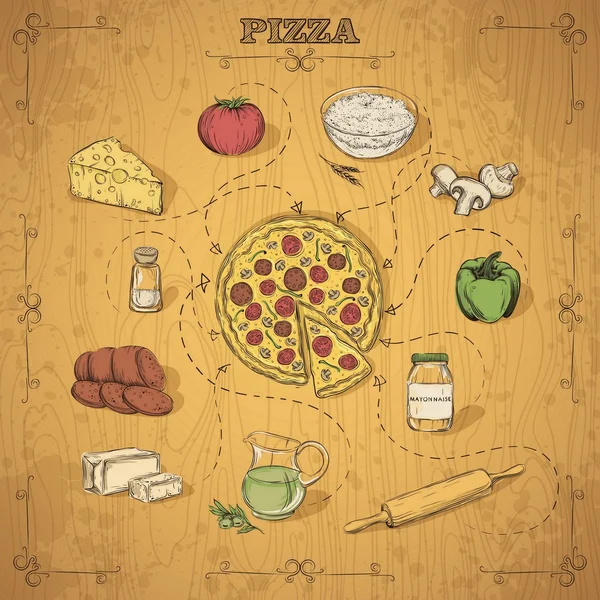 Receita de pizza. Desenho manual. Ilustração vetorial . — Vetor de Stock